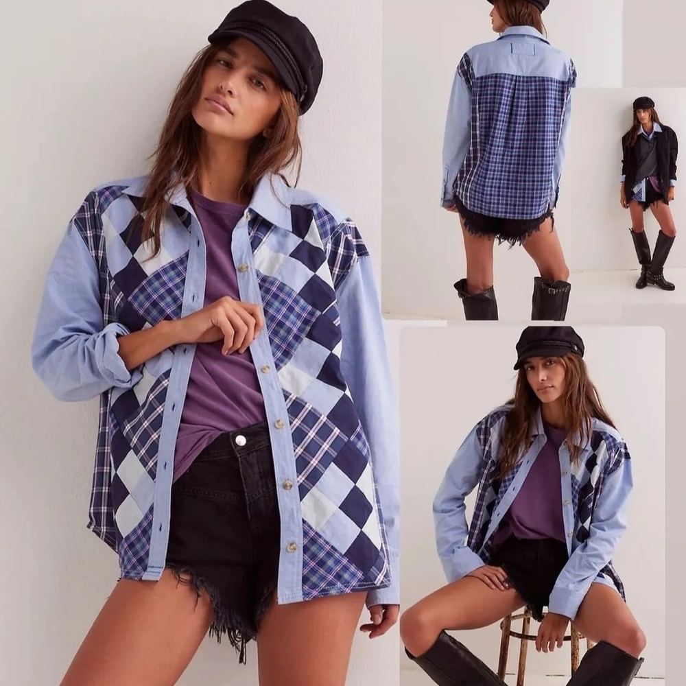 Blue Plaid Patchwork Shirt Jacket - image 1